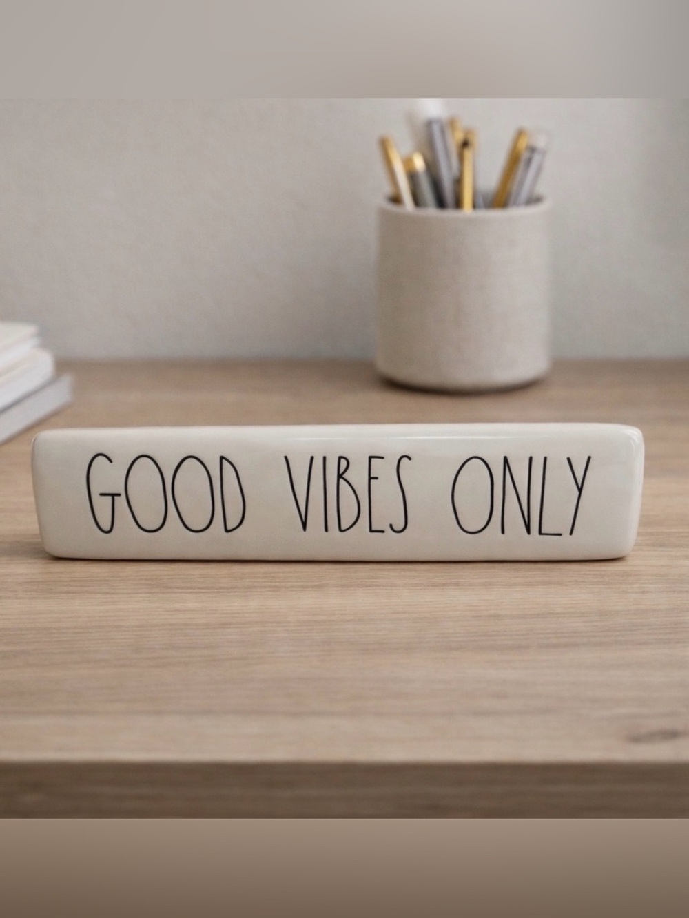 Rae Dunn Good Vibes Only Ceramic Desk Sign Ivory Black NWT